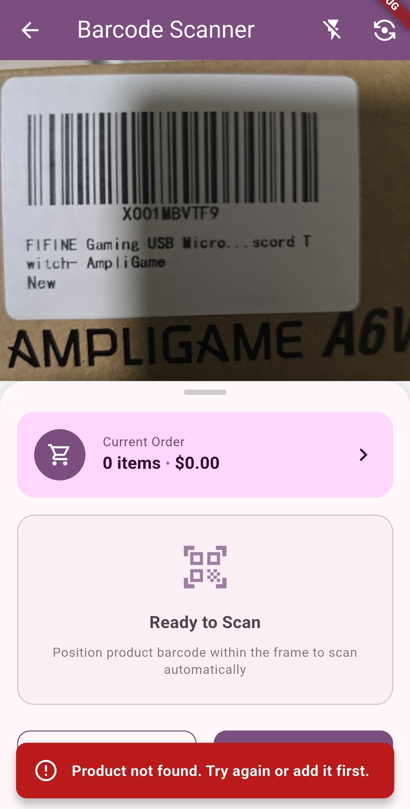 AMAL POS mobile camera barcode scanner interface running on smartphone