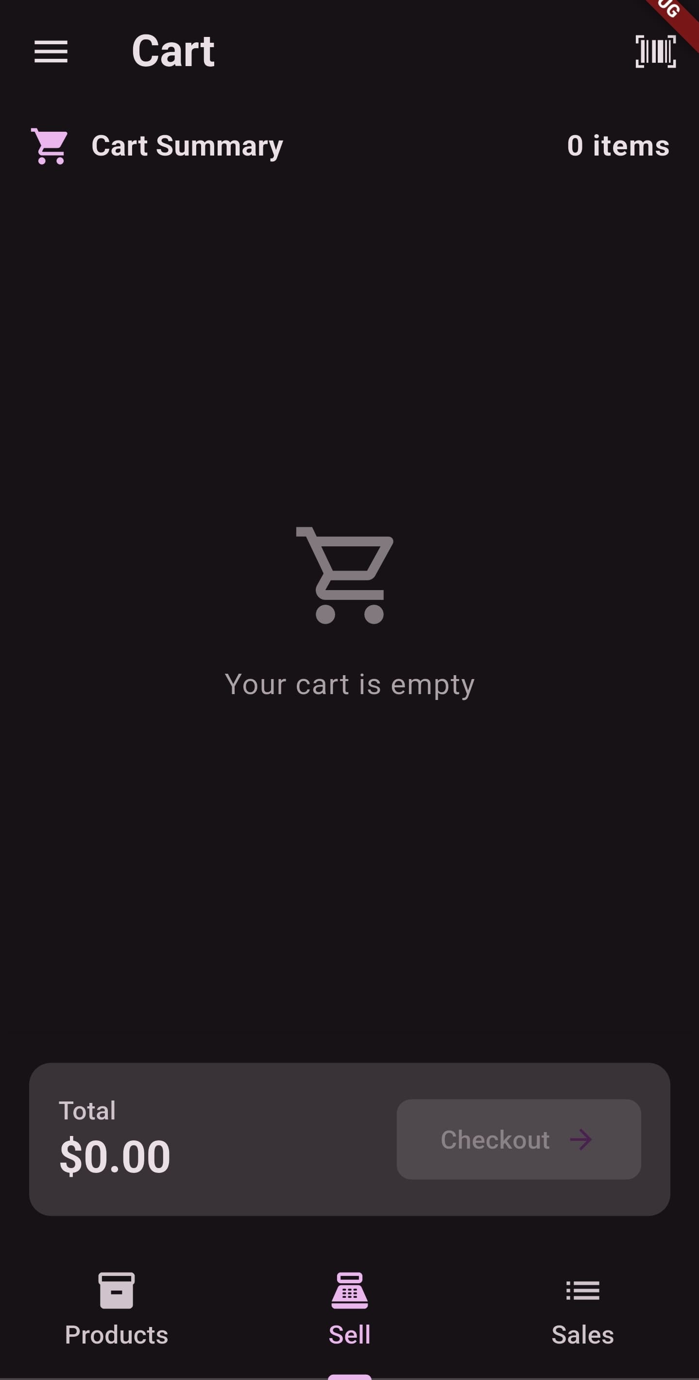 AMAL POS checkout cart register interface with dark theme