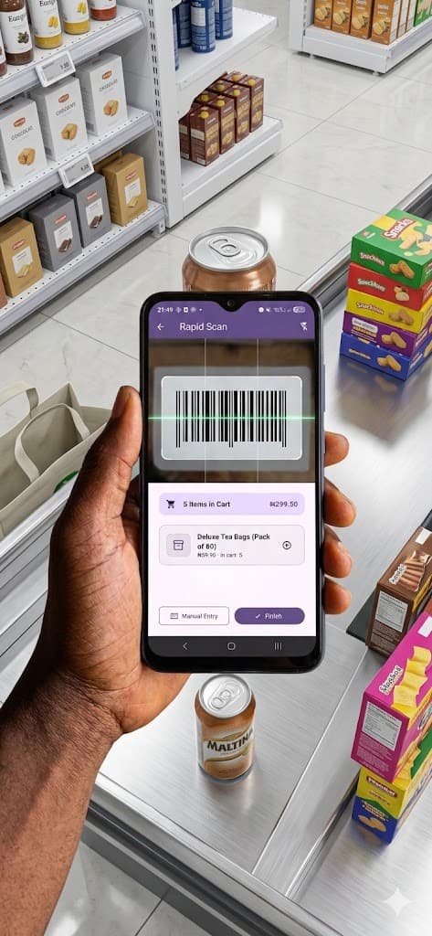 Merchant holding smartphone running AMAL POS for retail checkout